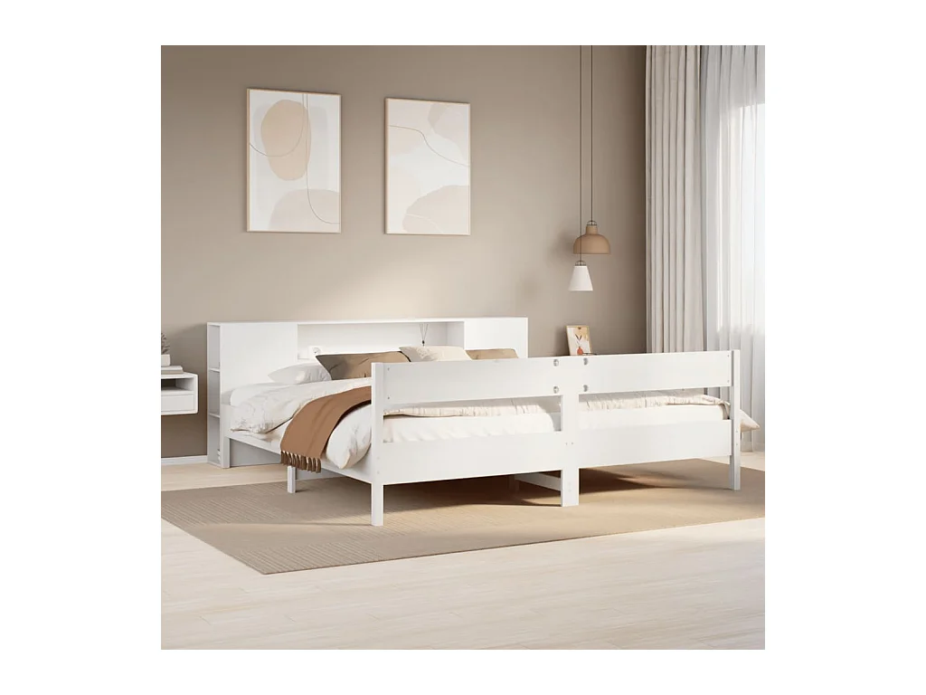 Lit bibliothèque sans matelas blanc 200x200 cm bois pin massif