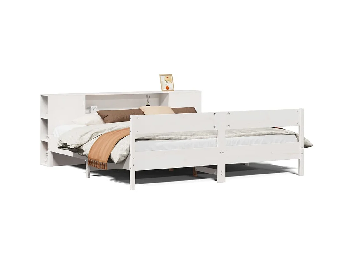 Lit bibliothèque sans matelas blanc 200x200 cm bois pin massif