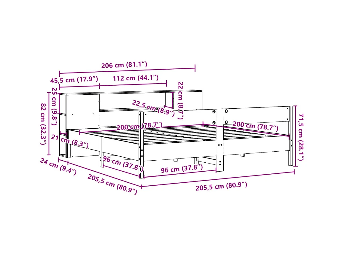 Lit bibliothèque sans matelas blanc 200x200 cm bois pin massif