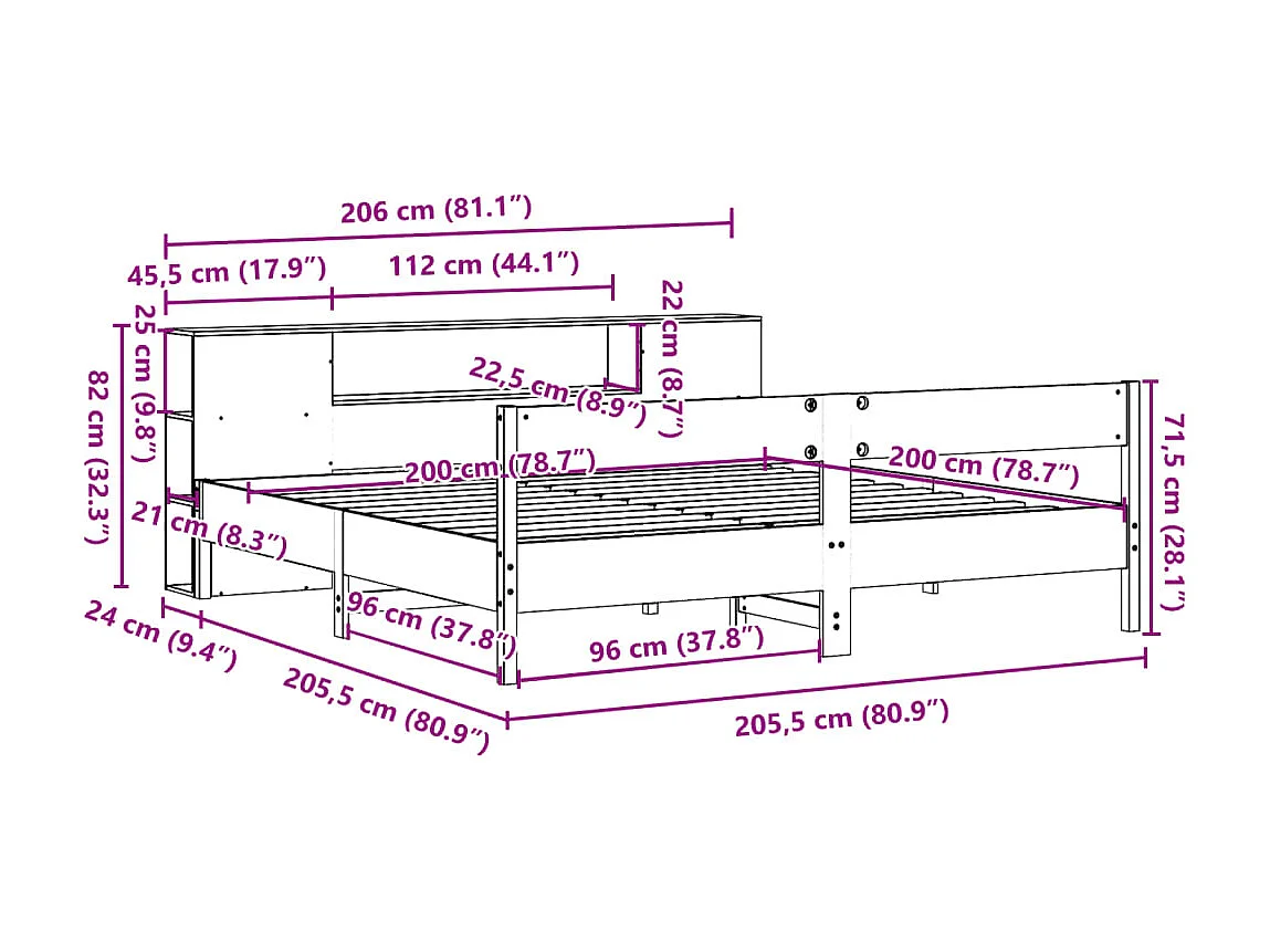 Lit bibliothèque sans matelas blanc 200x200 cm bois pin massif