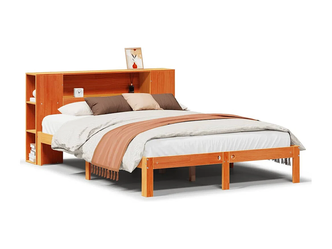 Bed met boekenkast zonder matras grenenhout wasbruin 140x200 cm