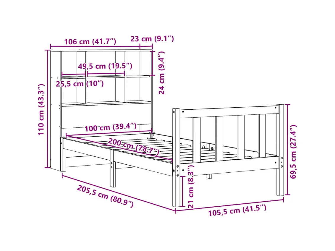 Lit bibliothèque sans matelas cire marron 100x200 cm pin massif