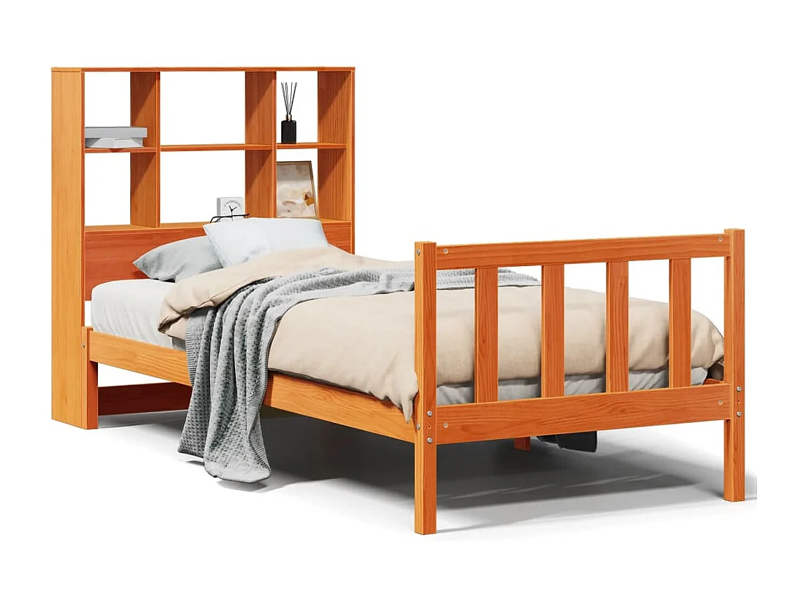 Bed met boekenkast zonder matras grenenhout wasbruin 100x200 cm