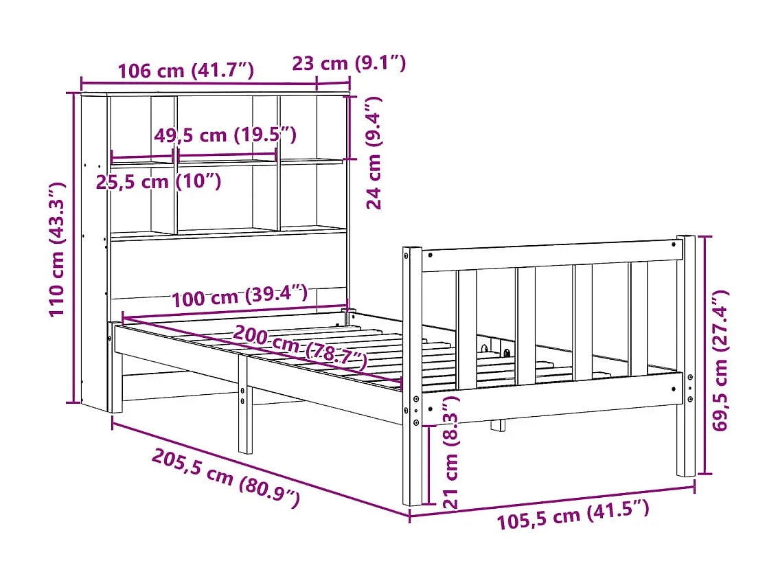 Bed met boekenkast zonder matras grenenhout wasbruin 100x200 cm