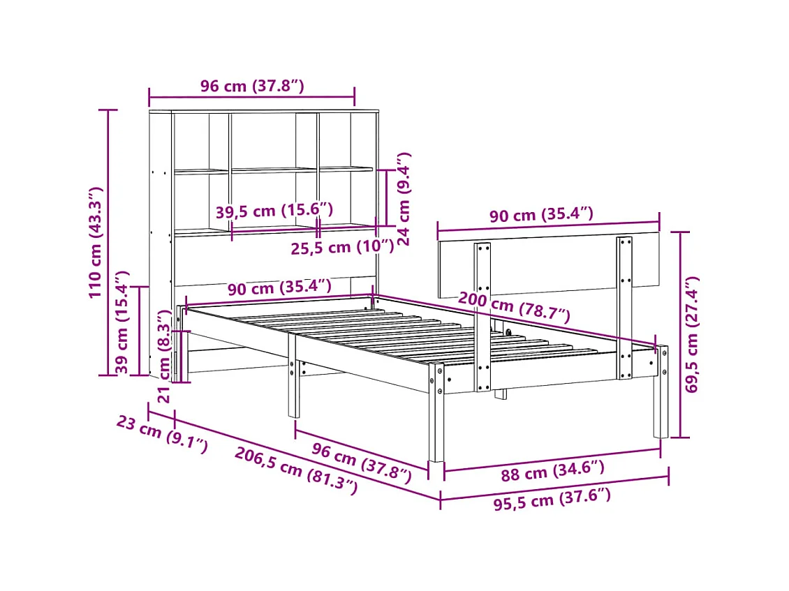 Lit bibliothèque sans matelas 90x200 cm bois de pin massif