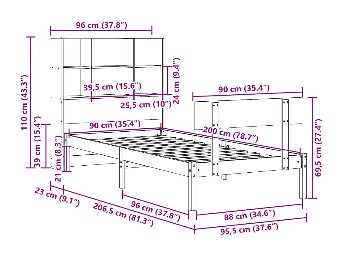 Massivholzbett mit Regal ohne Matratze 90x200 cm Kiefernholz