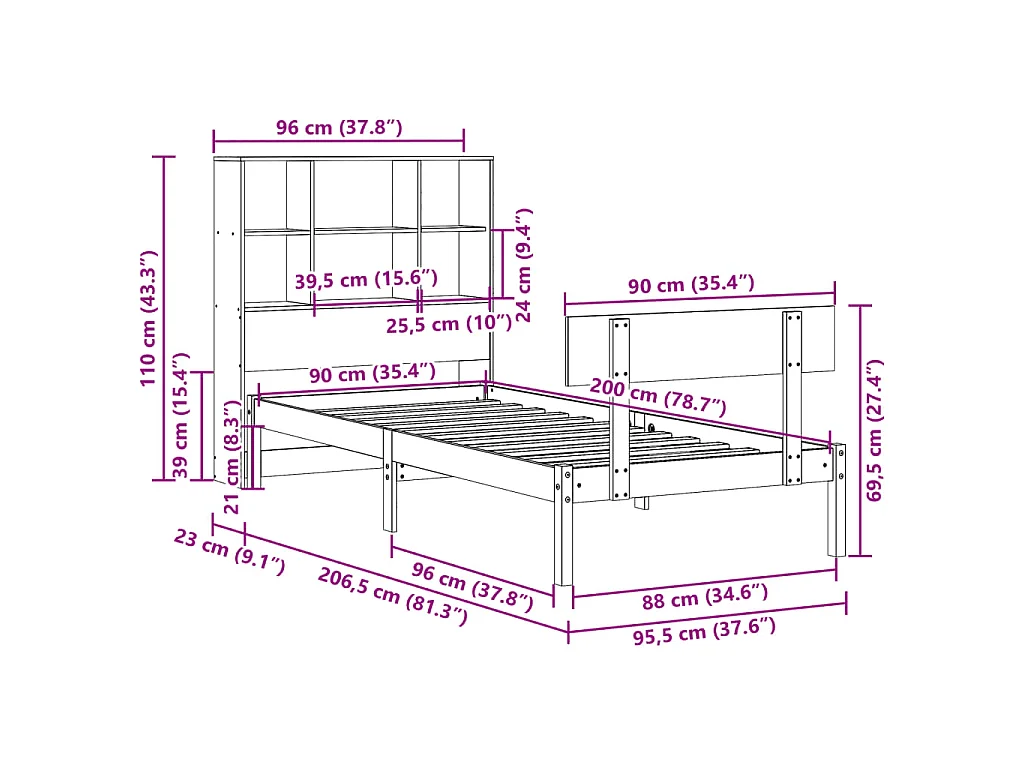 Letto Libreria senza Materasso 90x200 cm Legno Massello Pino