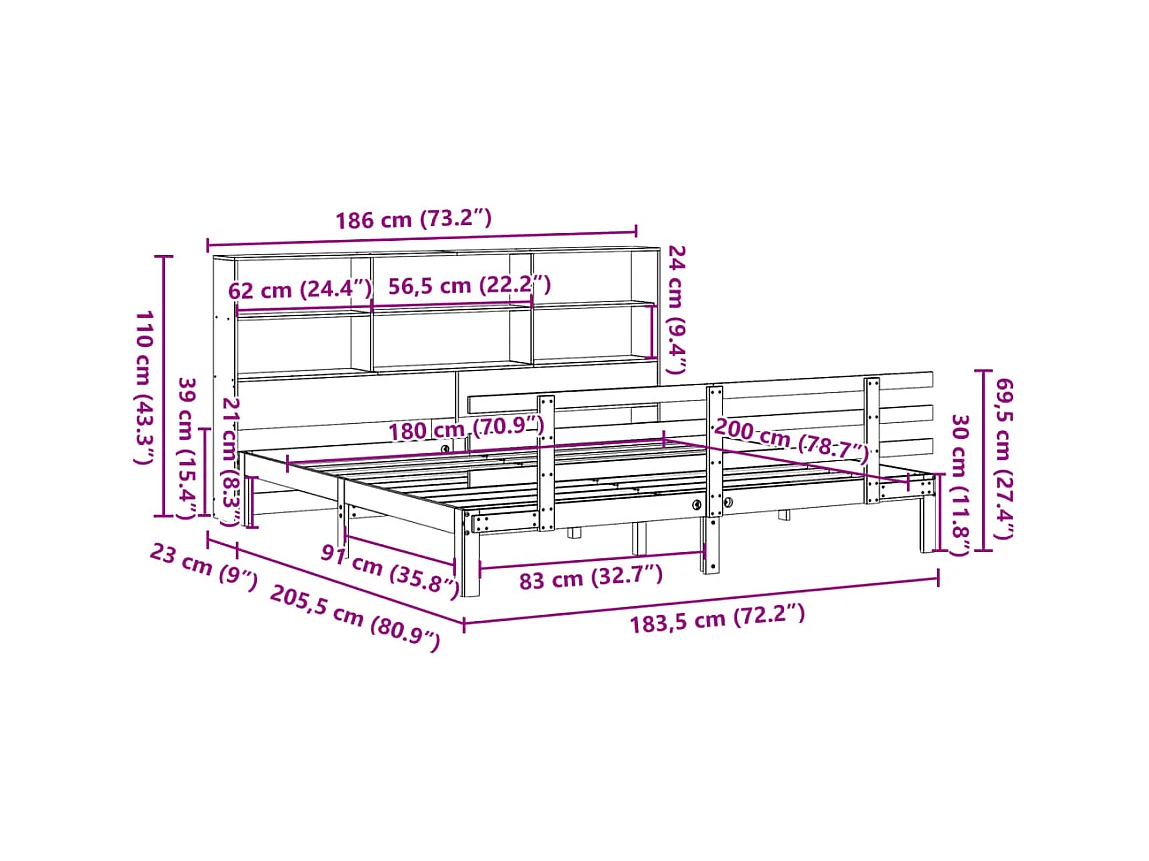 Lit bibliothèque sans matelas 180x200 cm bois massif de pin
