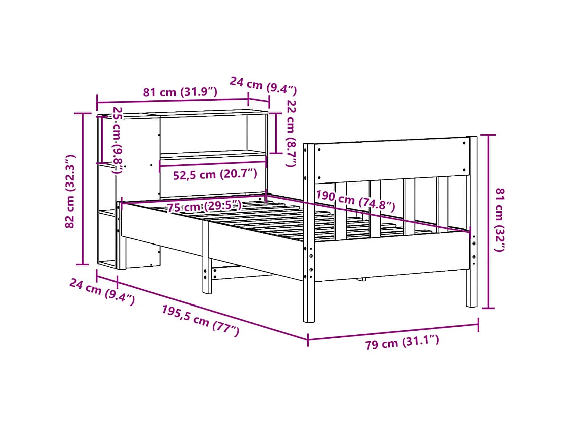 Lit bibliothèque sans matelas 75x190 cm bois de pin massif