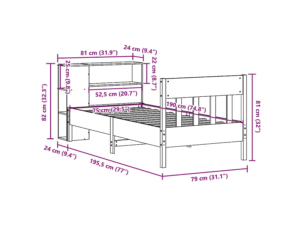 Lit bibliothèque sans matelas 75x190 cm bois de pin massif