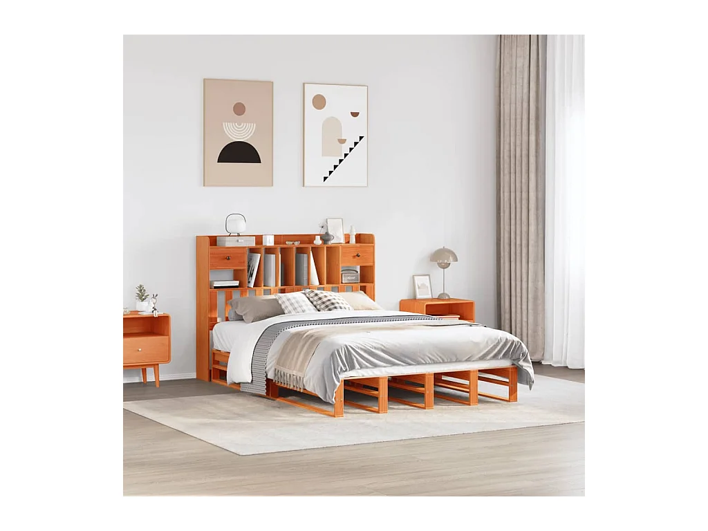 Lit bibliothèque sans matelas cire marron 150x200 cm pin massif