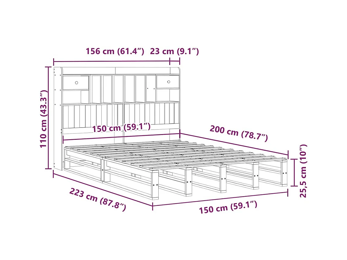 Lit bibliothèque sans matelas cire marron 150x200 cm pin massif