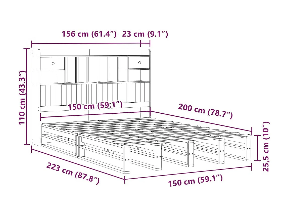 Lit bibliothèque sans matelas cire marron 150x200 cm pin massif