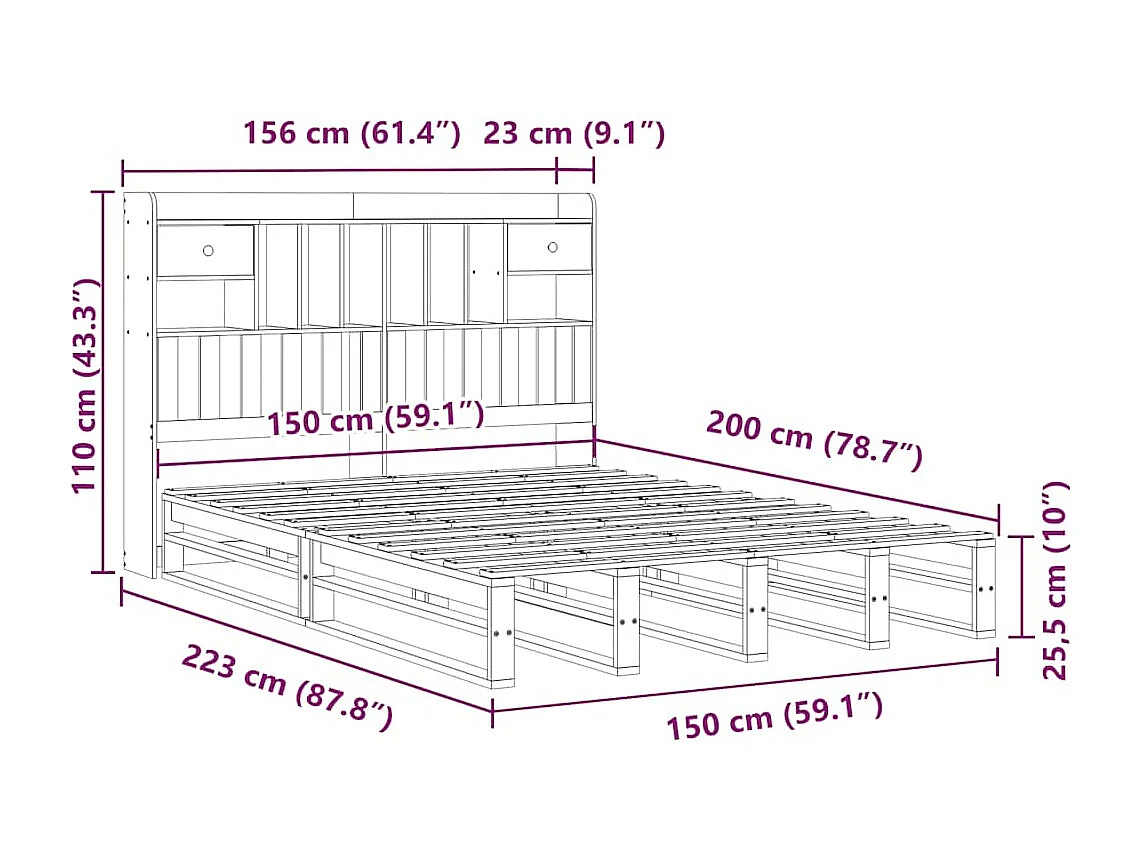 Cama com estante sem colchão 150x200 cm pinho maciço