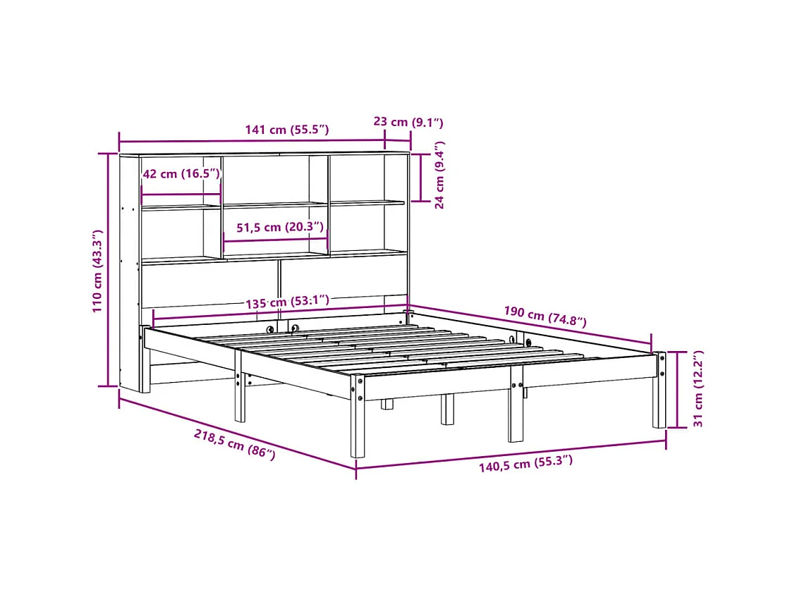 Lit bibliothèque sans matelas 135x190 cm bois de pin massif
