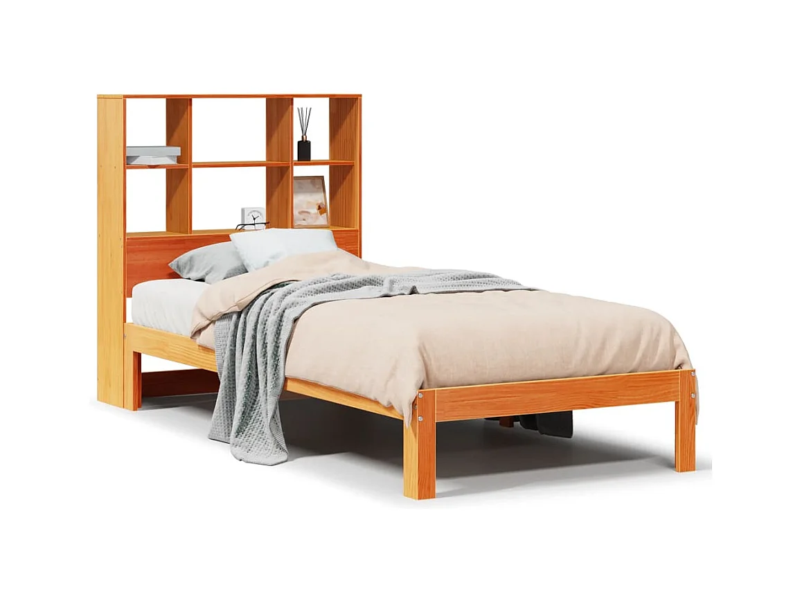 Massivholzbett mit Regal ohne Matratze Wachsbraun 100x200 cm