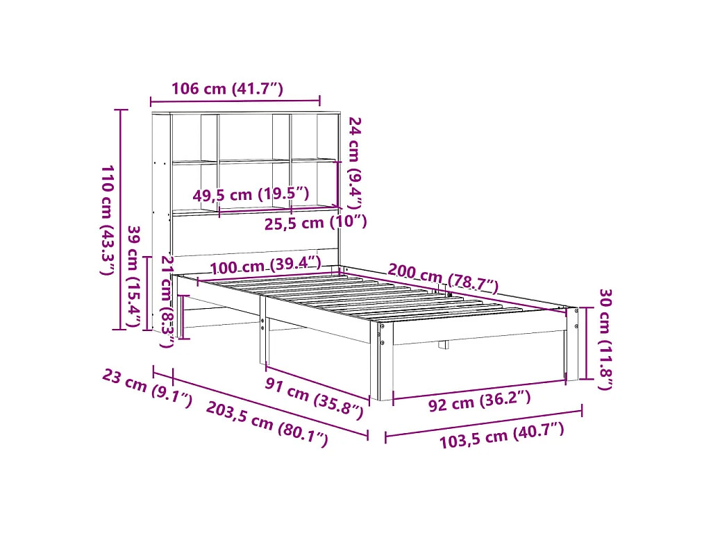 Bed met boekenkast zonder matras grenenhout wasbruin 100x200 cm
