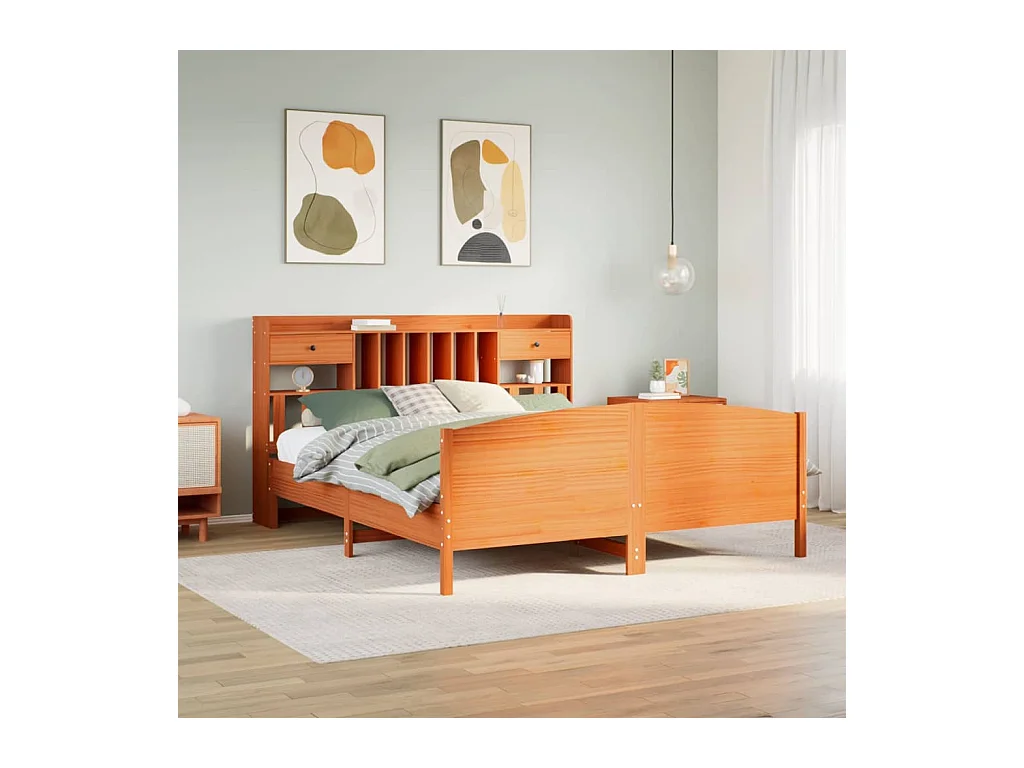 Lit bibliothèque sans matelas cire marron 200x200 cm pin massif