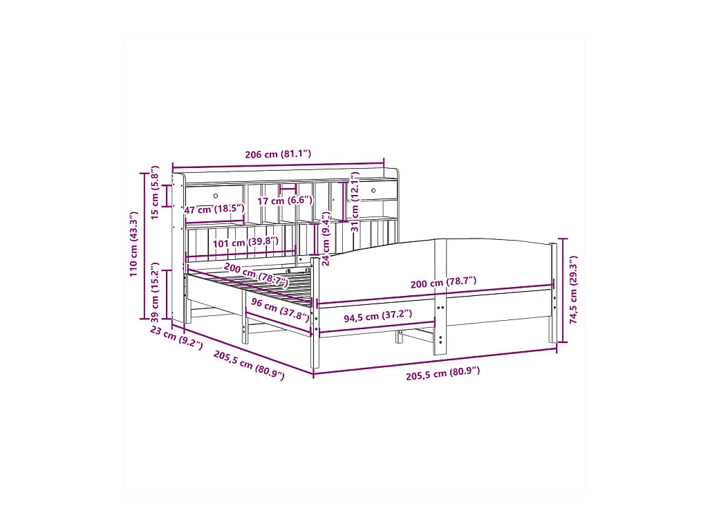 Lit bibliothèque sans matelas cire marron 200x200 cm pin massif