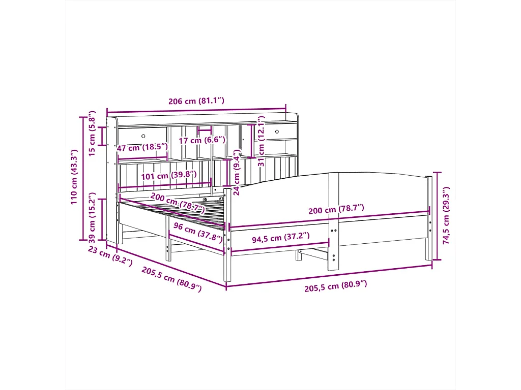 Massivholzbett mit Regal ohne Matratze Wachsbraun 200x200 cm