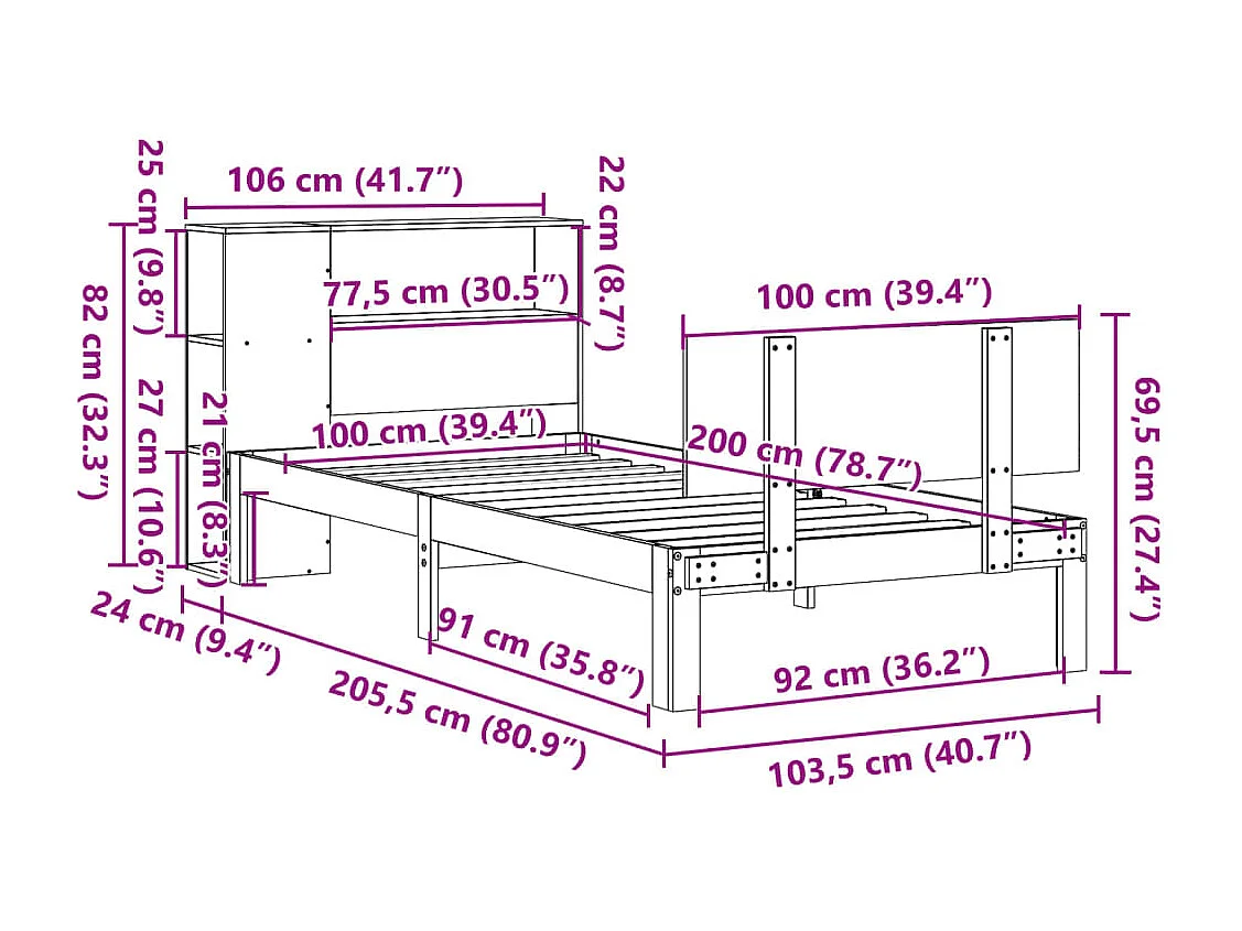 Lit bibliothèque sans matelas blanc 100x200 cm bois pin massif