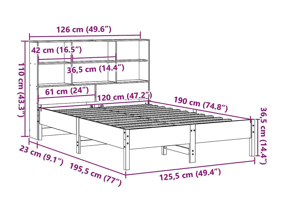 Lit bibliothèque sans matelas blanc 120x190 cm bois pin massif