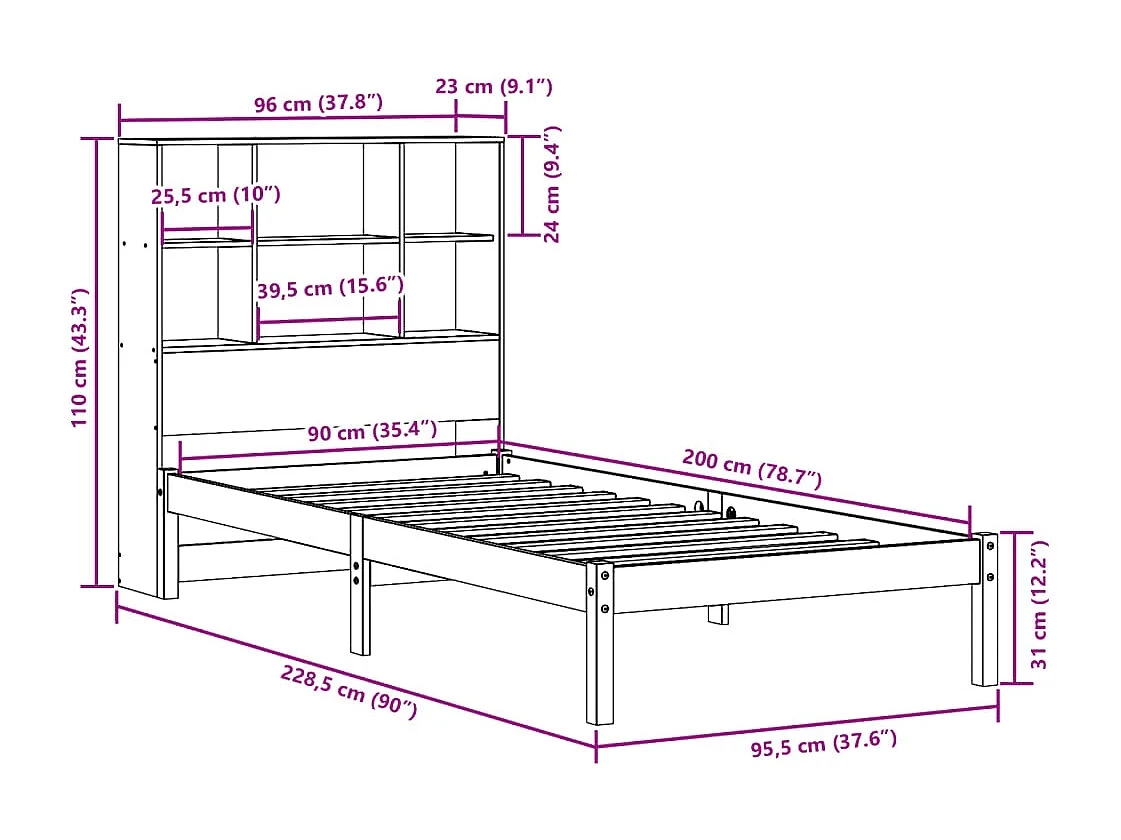Lit bibliothèque sans matelas 90x200 cm bois de pin massif