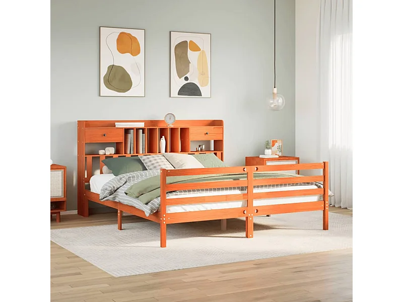 Massivholzbett mit Regal ohne Matratze Wachsbraun 200x200 cm