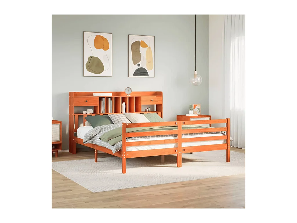 Lit bibliothèque sans matelas cire marron 200x200 cm pin massif