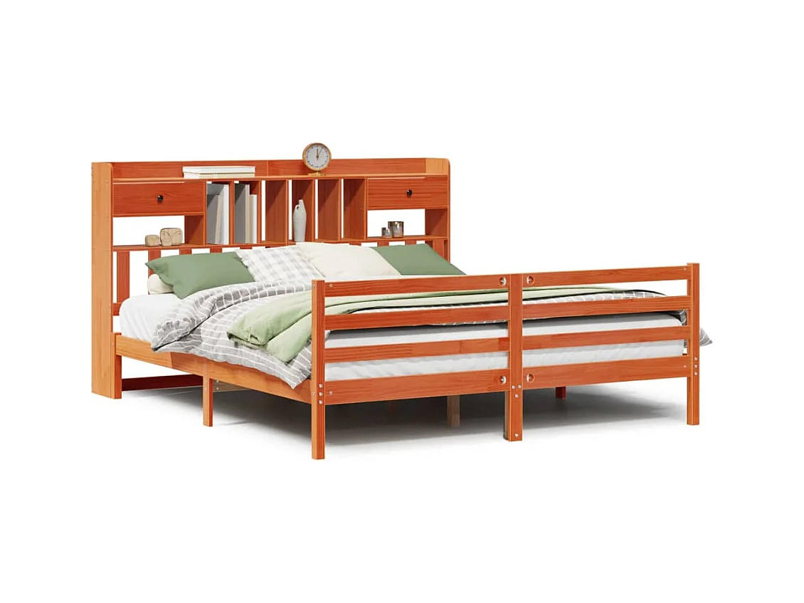 Lit bibliothèque sans matelas cire marron 200x200 cm pin massif