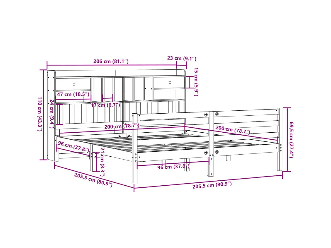 Lit bibliothèque sans matelas cire marron 200x200 cm pin massif