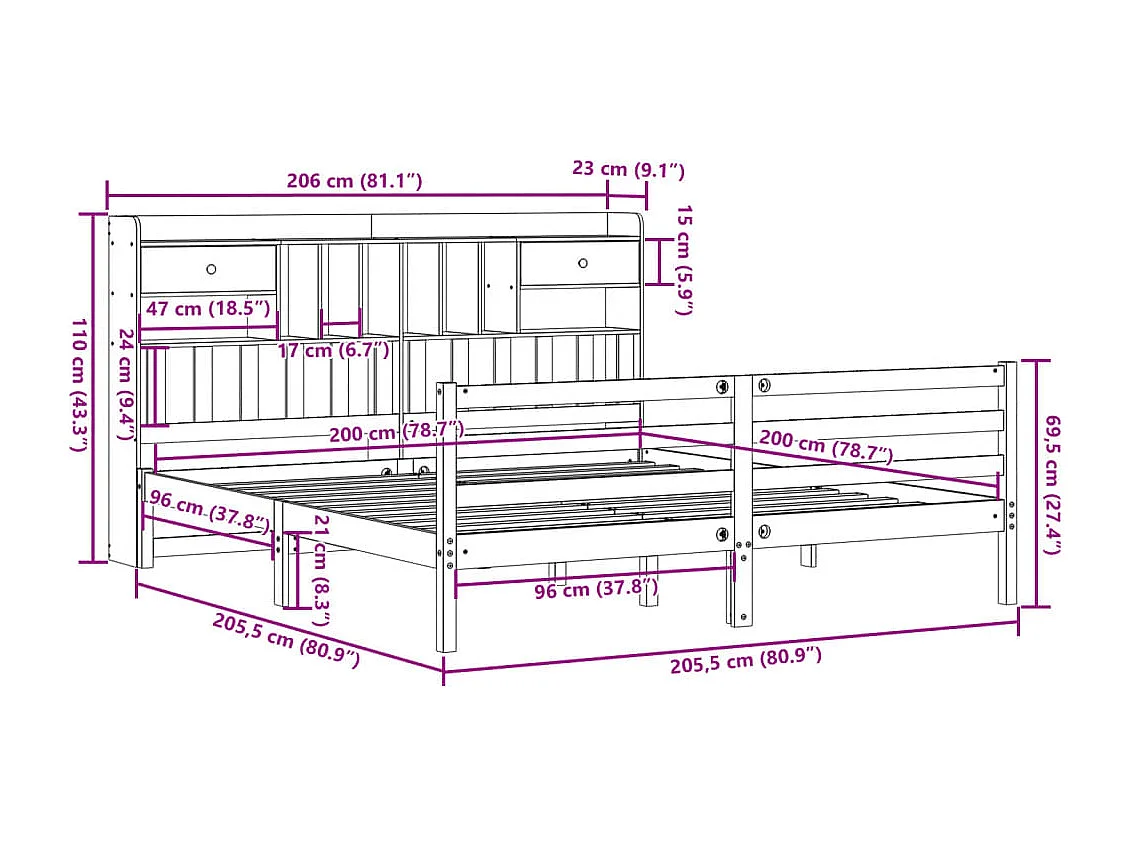 Massivholzbett mit Regal ohne Matratze Wachsbraun 200x200 cm
