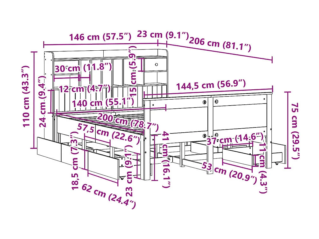 Bed met boekenkast zonder matras grenenhout wit 140x200 cm