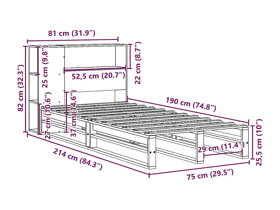 Bed met boekenkast zonder matras massief hout wit 75x190 cm