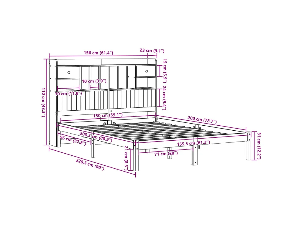 Letto Libreria senza Materasso Marrone Cera 150x200 cm in Pino