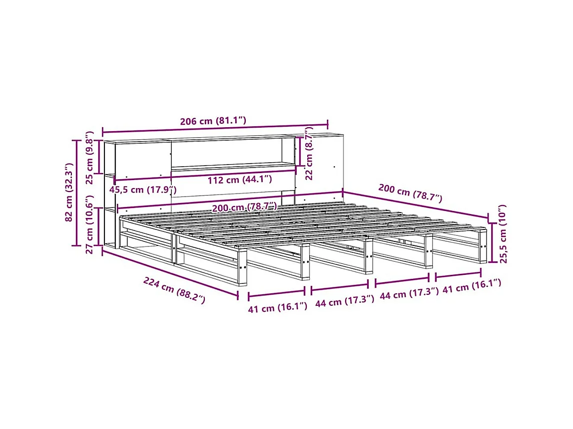 Lit bibliothèque sans matelas blanc 200x200 cm bois massif