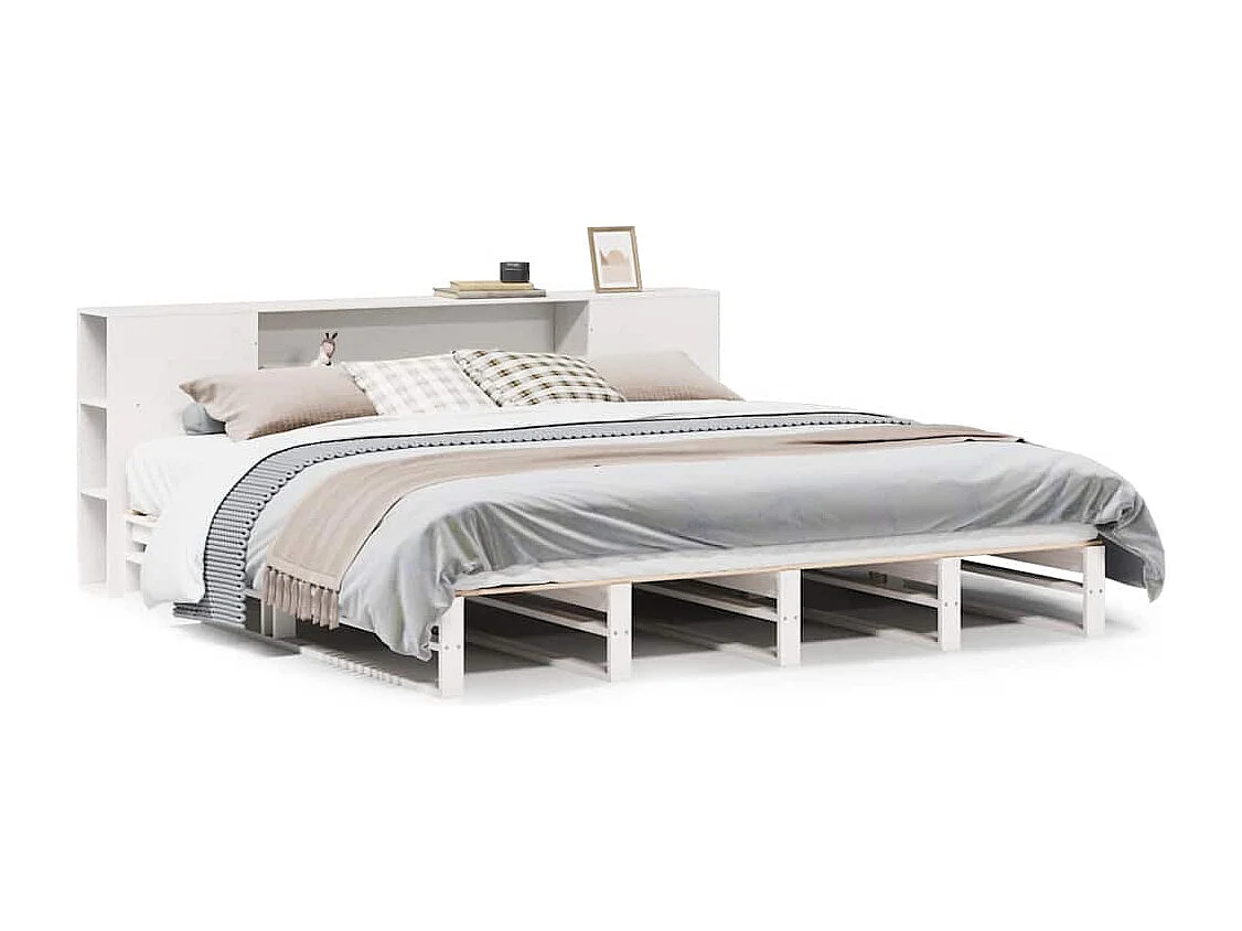 Lit bibliothèque sans matelas blanc 200x200 cm bois massif