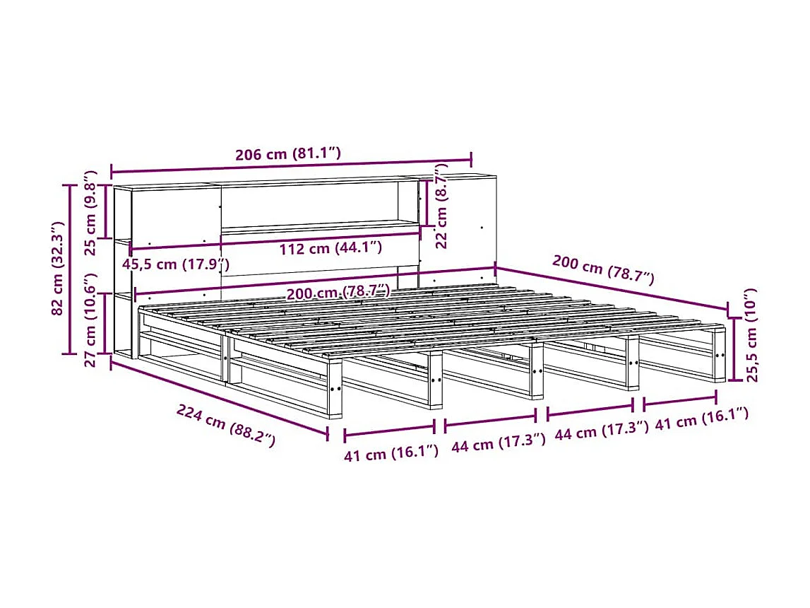 Lit bibliothèque sans matelas blanc 200x200 cm bois massif