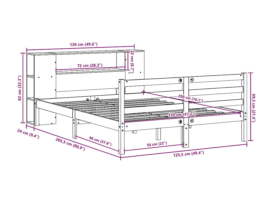 Lit bibliothèque sans matelas cire marron 120x200 cm pin massif