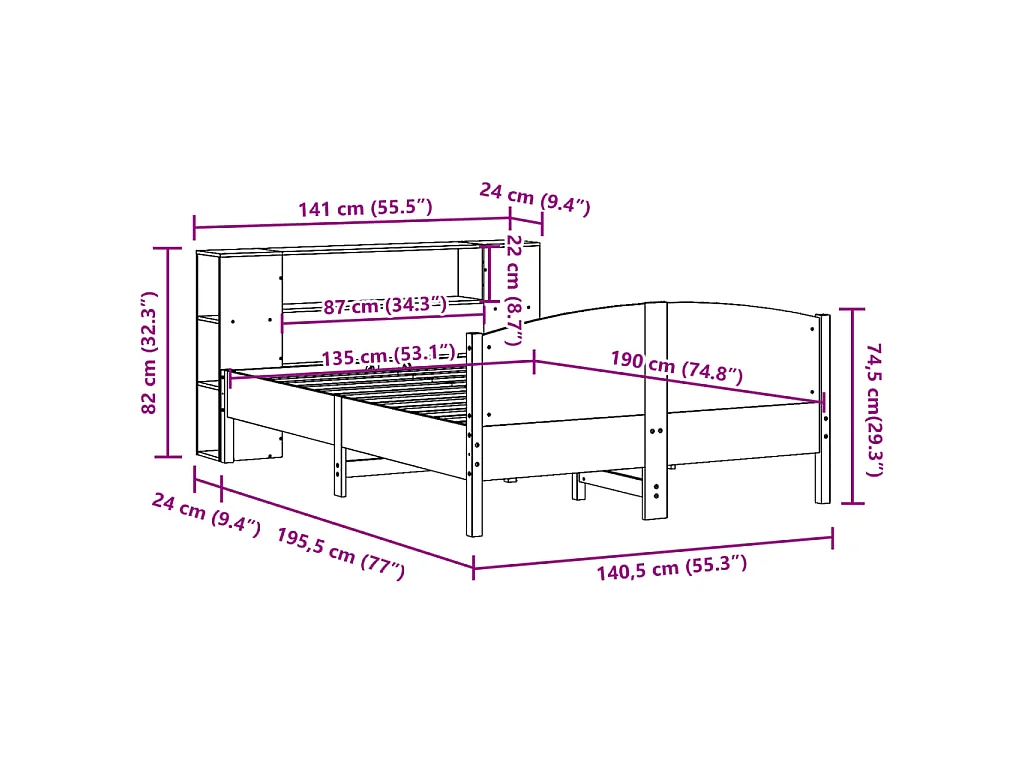 Cama com estante sem colchão 135x190 cm pinho maciço