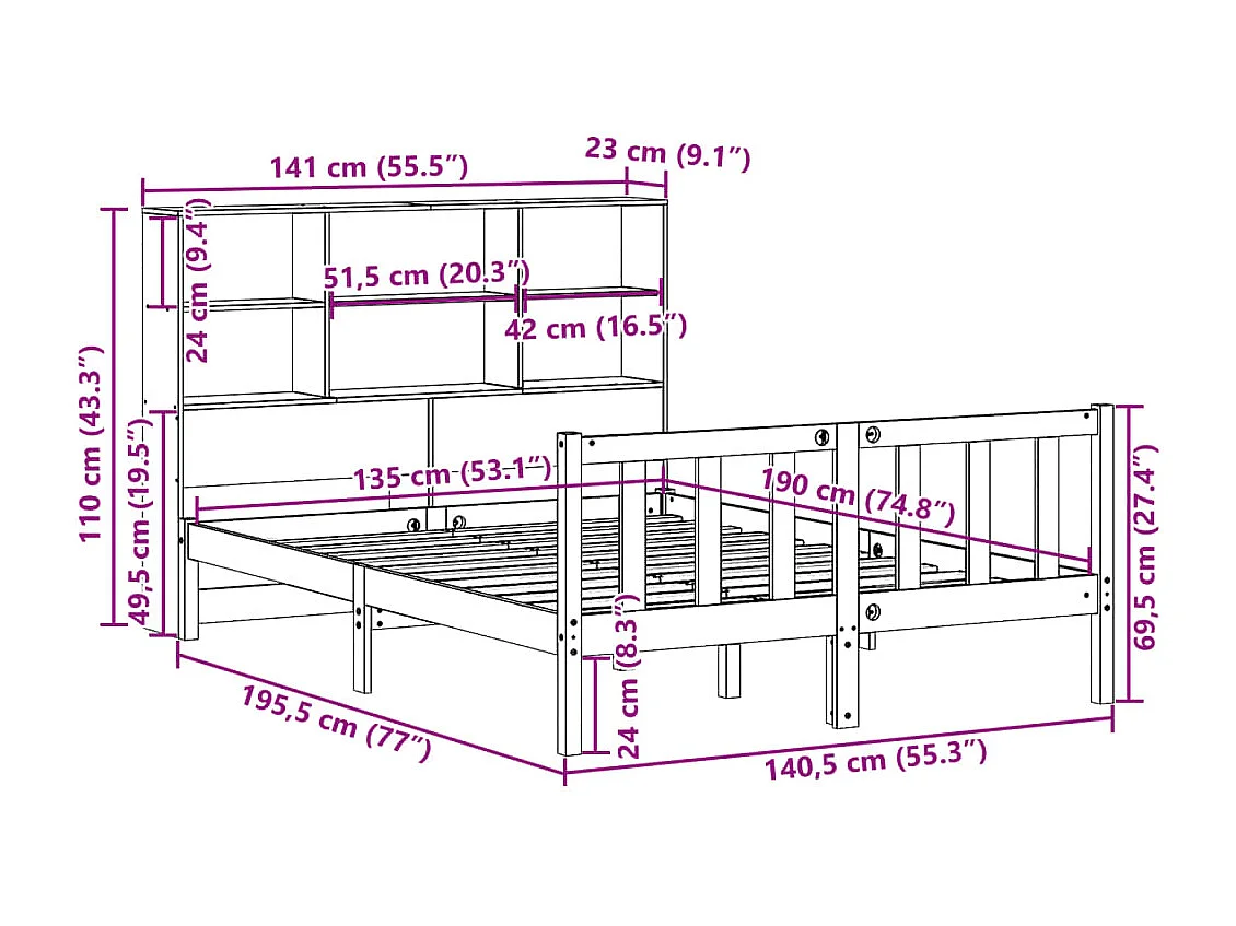 Lit bibliothèque sans matelas 135x190 cm bois de pin massif