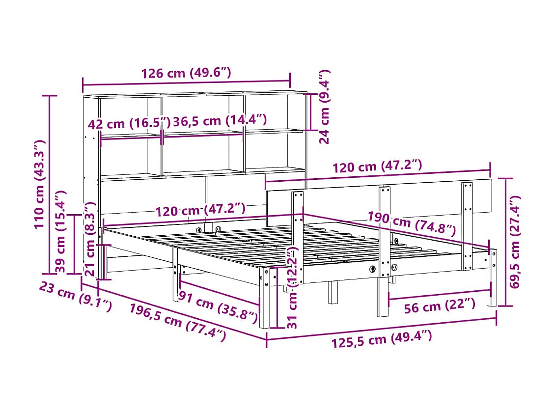 Letto Libreria senza Materasso Bianco 120x190 cm Legno di Pino