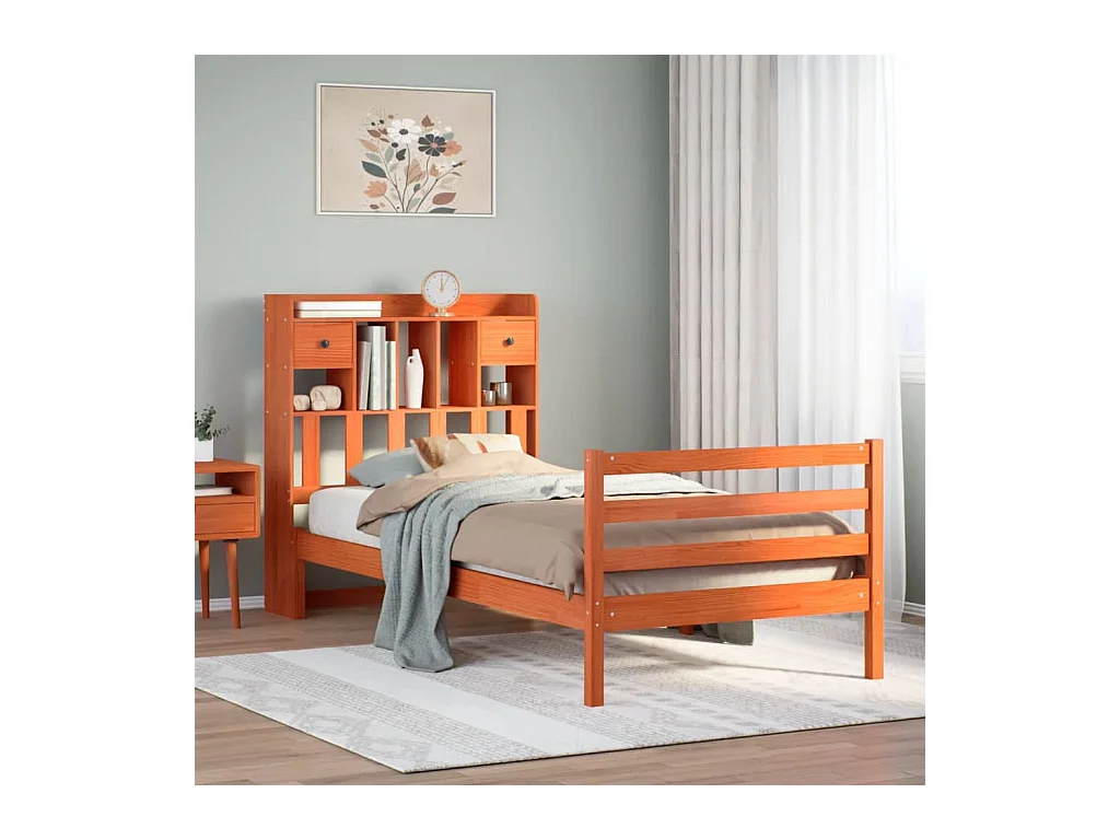Lit bibliothèque sans matelas cire marron 100x200 cm pin massif