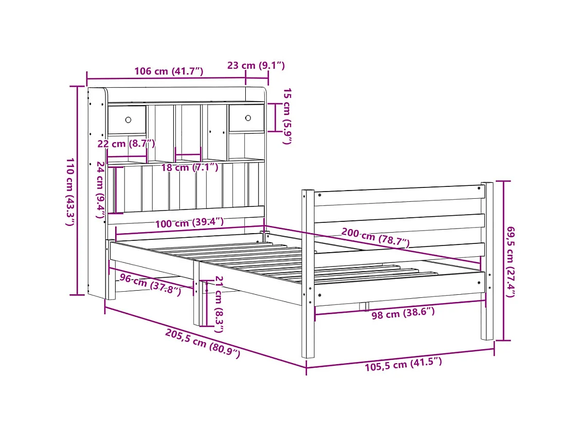 Lit bibliothèque sans matelas cire marron 100x200 cm pin massif