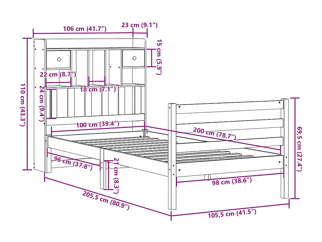 Bed met boekenkast zonder matras grenenhout wasbruin 100x200 cm