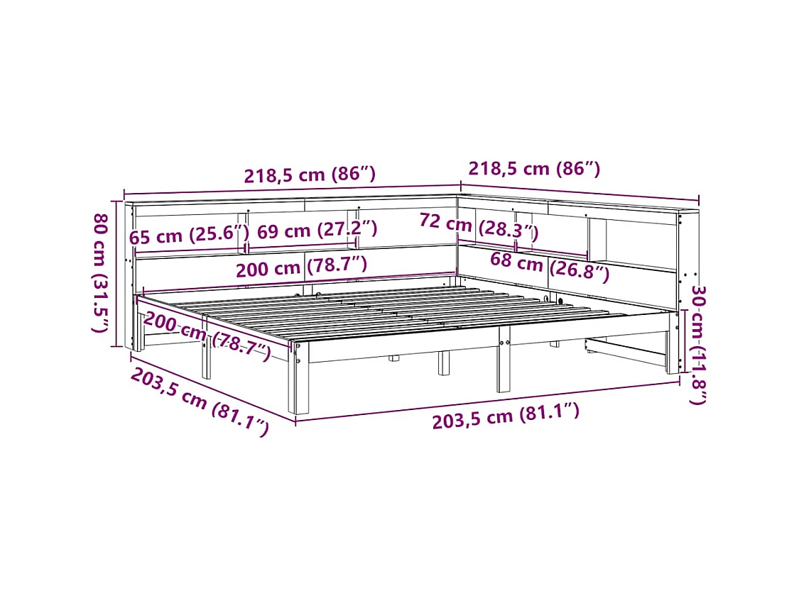 Bed met boekenkast zonder matras grenenhout wit 200x200 cm
