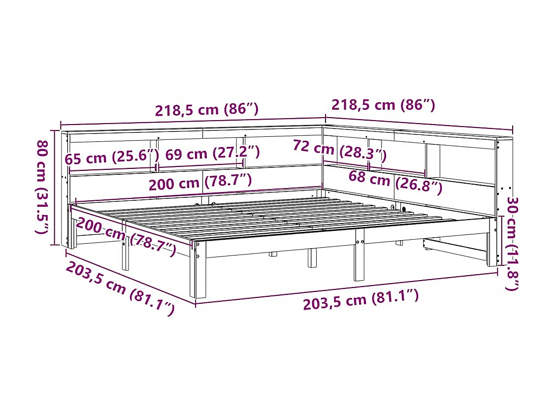 Bed met boekenkast zonder matras grenenhout wit 200x200 cm