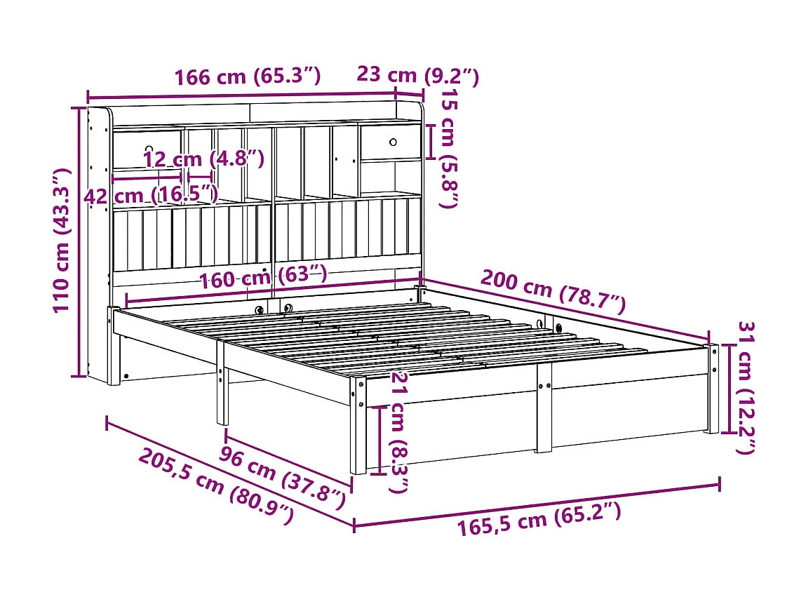 Lit bibliothèque sans matelas blanc 160x200 cm bois pin massif