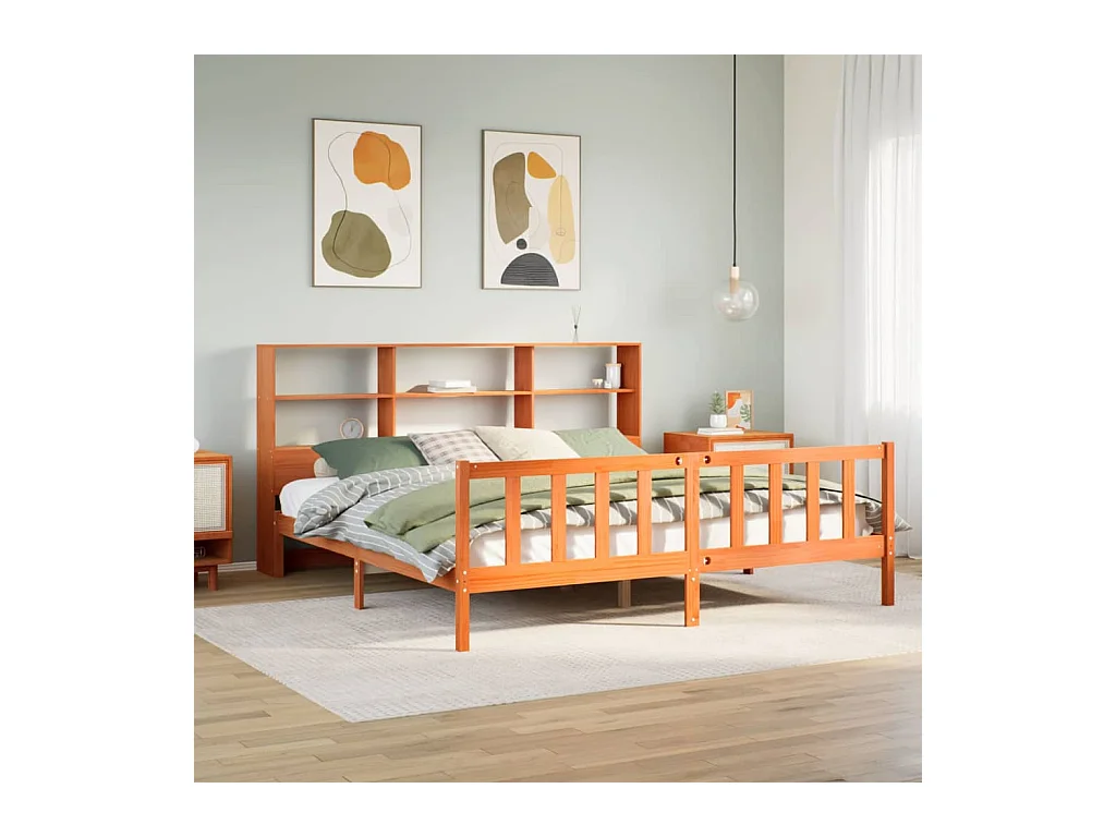 Lit bibliothèque sans matelas cire marron 200x200 cm pin massif