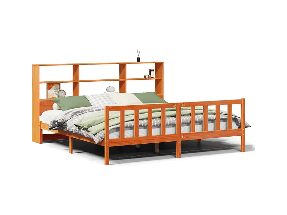 Lit bibliothèque sans matelas cire marron 200x200 cm pin massif